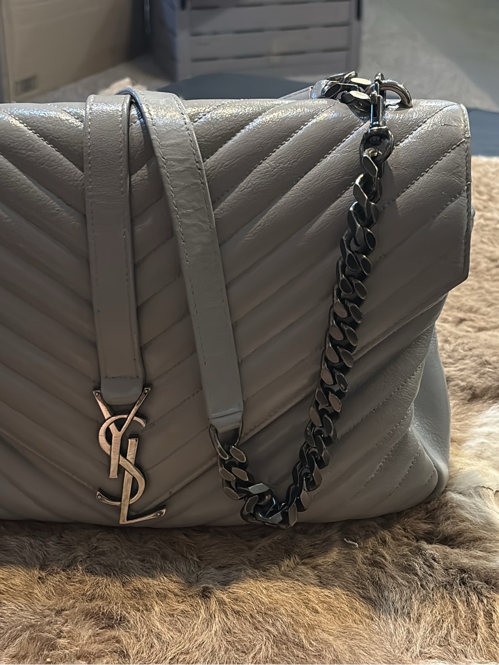 Saint Laurent Granite Sheepskin Chevron Medium Satchel with YSL Monogram